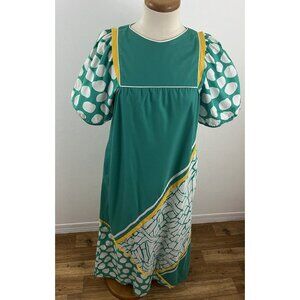 Vintage Jeffrey Barr Women's Muumuu Maxi Dress Kaftan Green Dot Stripe Puff Slv